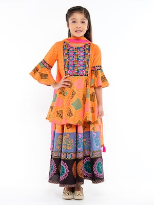 Orange Printed and Embroidered Linen Ghagra Choli