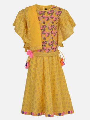 Yellow Printed and Embroidered Linen Ghagra Choli Set