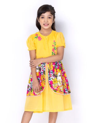 Yellow Printed and Embroidered Voile Frock