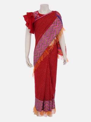 Red Printed and Embroidered Voile Children Saree