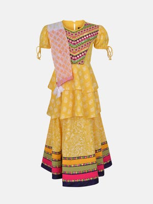 Yellow Embroidered and Printed Linen Ghagra Choli Set