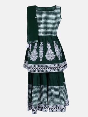 Bottle Green Printed And Embroidered Linen Ghagra Choli Set