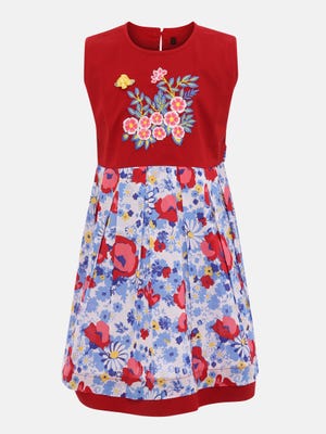 Red Printed and Embroidered Cotton Frock