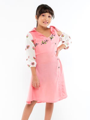 Pink Textured Embroidered Cotton Frock