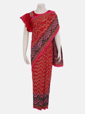 Red Printed And Embroidered Voile Saree