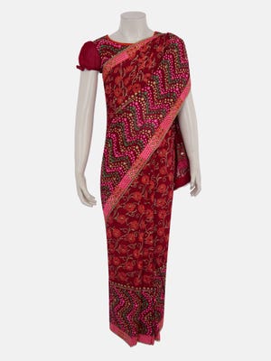 Maroon Printed and Embroidered Voile Saree 