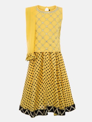 Yellow Printed and Embroidered Mixed Cotton Choli Set