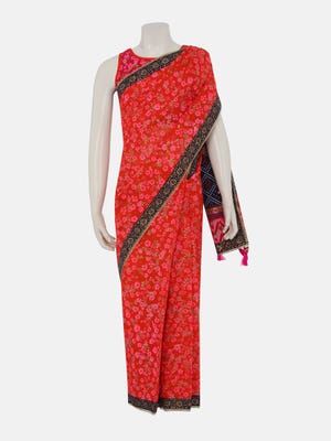 Orange Printed and Embroidered Voile Saree