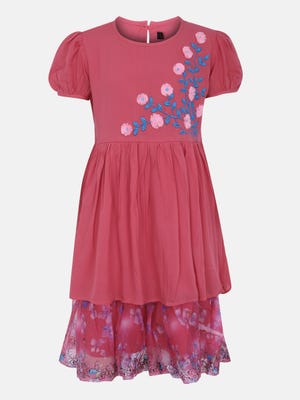 Magenta Pink Embroidered Linen Frock