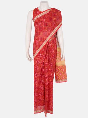 Red Chundri Printed And Embroidered Voile Saree