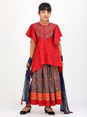 Red Printed and Embroidered  Linen Shalwar Kameez