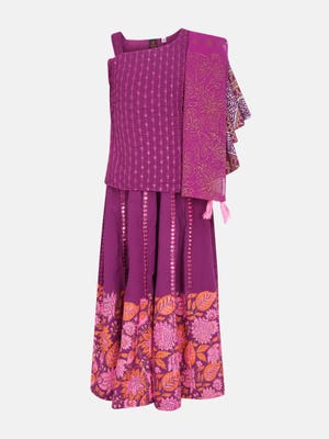 Purple Printed and Embroidered Linen Ghagra Choli