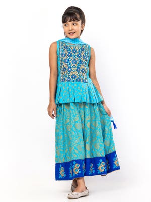 Blue Printed and Embroidered Linen Ghagra Choli