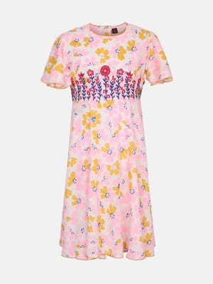 White Printed and Embroidered Linen Frock