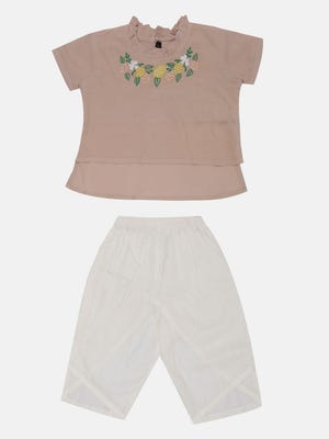 Mauve Embroidered Mixed Cotton Pant Top Set
