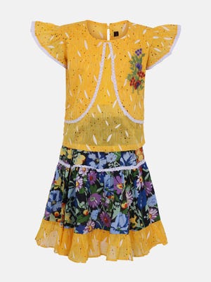 Yellow Printed and Embroidered Cotton Skirt Top Set
