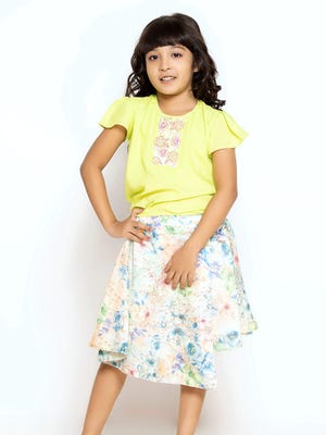 Lime Green Printed and Embroidered Linen Skirt Top Set