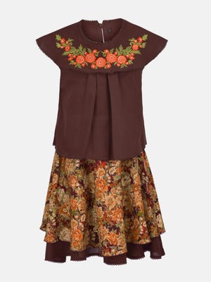 Deep Brown Embroidered Linen Skirt-Top Set