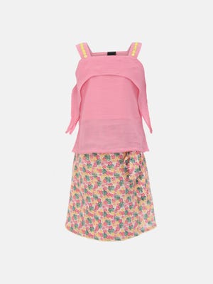 Light Pink Printed and Embroidered Mixed Cotton Skirt Top Set