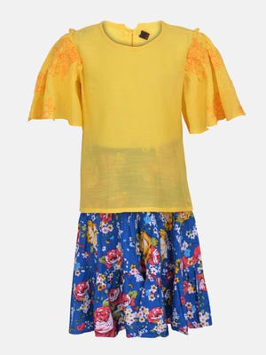 Yellow Printed and Embroidered Linen Skirt Top 