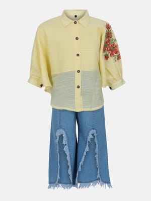 Yellow Embroidered Mixed Cotton Pant Top Set