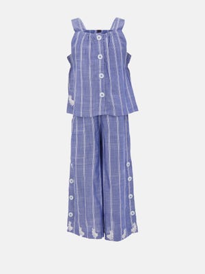 Steel Blue Embroidered Linen Pant Top Set