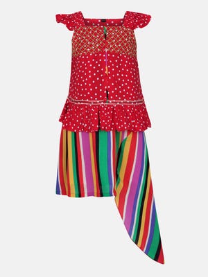 Red Printed and Embroidered Linen Skirt Top Set