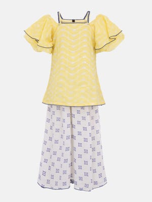 Yellow Printed and Embroidered Mixed Cotton Pant Top Set 