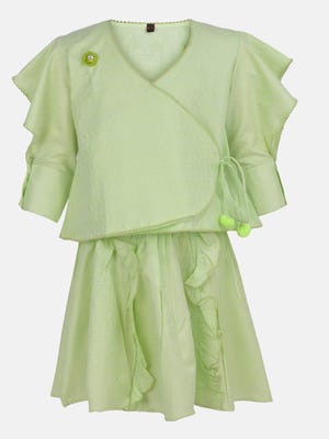 Green Textured Cotton Skirt Top Set