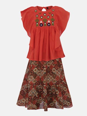 Fire Orange Printed and Embroidered Linen-Voile Skirt Top Set