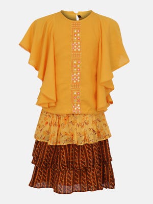Yellow-Orange Embroidered Linen Skirt Top Set