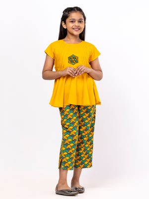 Yellow Printed and Embroidered Linen Pant Top Set