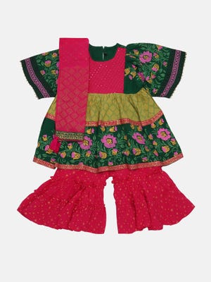 Multicolour Printed and Embroidered Linen Shalwar Kameez Set