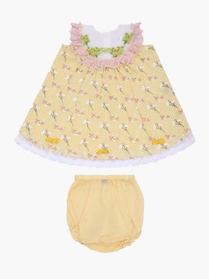 Yellow Printed and Embroidered Cotton Frock