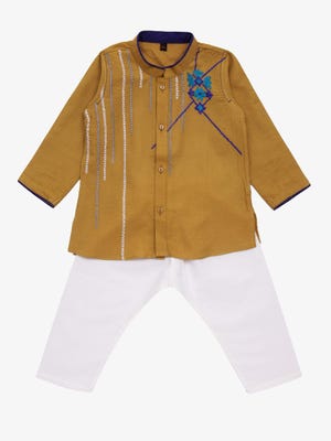 Mustard Embroidered Viscose-Cotton Panjabi Pajama Set
