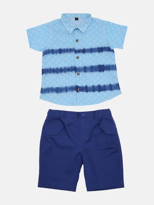 Light Blue Tie-Dyed Printed Cotton Shirt Pant Set