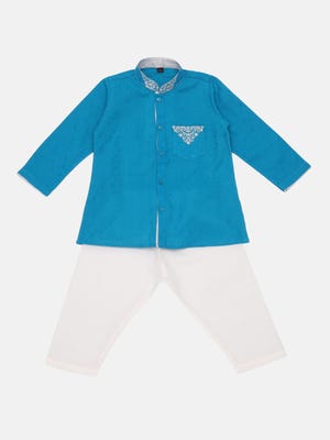 Blue Embroidered Viscose-Cotton Panjabi Pajama Set