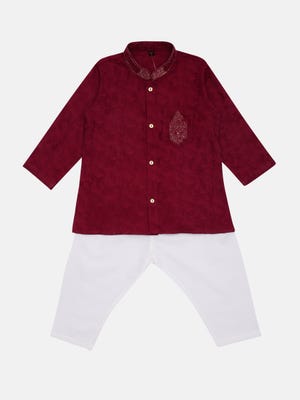 Maroon Embroidered Viscose-Cotton Panjabi Pajama Set