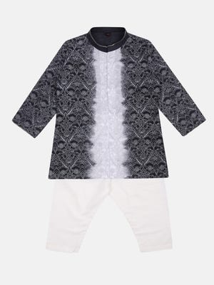Grey Tie-Dyed and Printed Cotton Panjabi Pajama Set