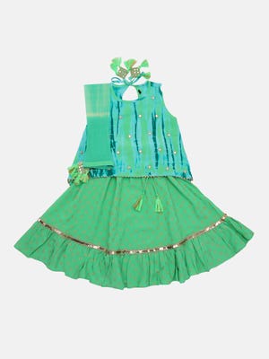 Mint Green Tie-Dyed and Embroidered Linen Ghagra Choli Set