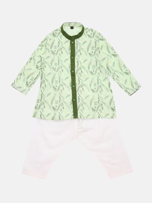 Lime Green Printed Cotton Panjabi Pajama Set