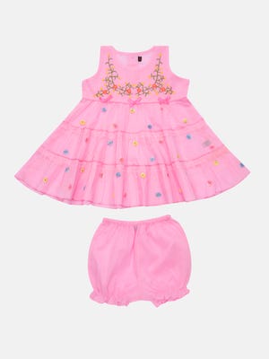 Pink Embroidered Cotton Frock