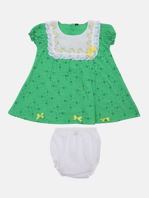 Green Printed and Embroidered Voile Frock
