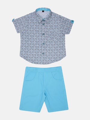 Blue Printed Cotton Shirt Pant Set