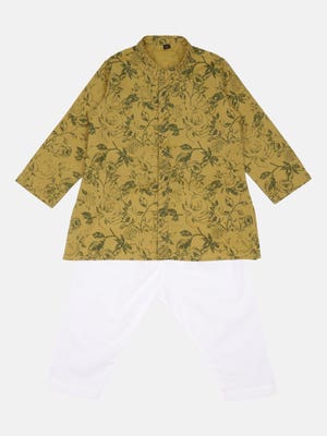 Light Olive Printed Viscose-Cotton Panjabi Pajama Set