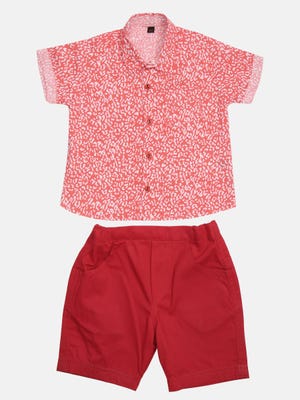 Red Printed Linen Shirt Pant Set