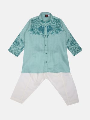 Light Turquoise Printed And Embroidered Viscose-Cotton Panjabi Pajama Set