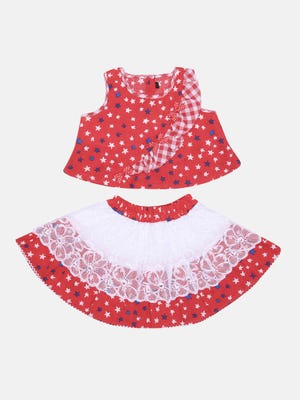Red Printed Cotton Skirt Top Set