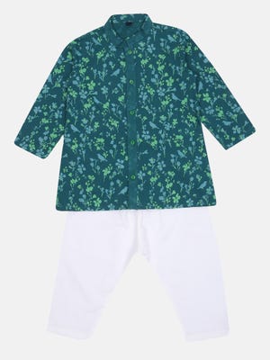 Teal Printed Cotton Panjabi Pajama Set