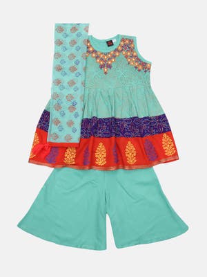 Turquoise Printed and Embroidered Linen Shalwar Kameez Set